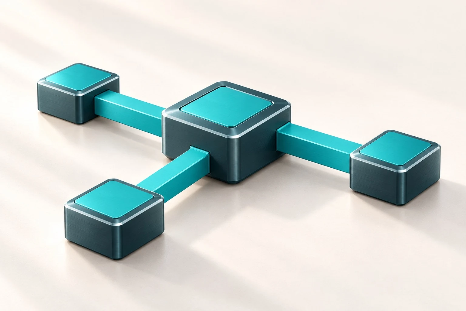 Verbundene IT-Module aus gebürstetem Metall mit türkisen Verbindungen.