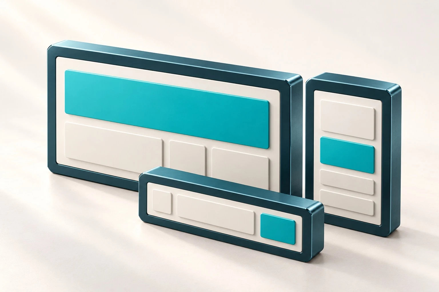 Abstrakte Desktop- und Mobilansichten als Metallskulptur in Petrol und Türkis.