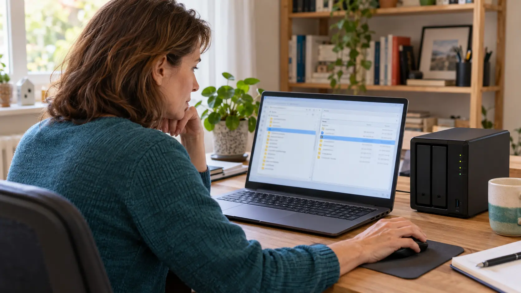 Eine Frau wählt am Laptop eine Datei aus; auf ihrem Schreibtisch steht ein kleines NAS.