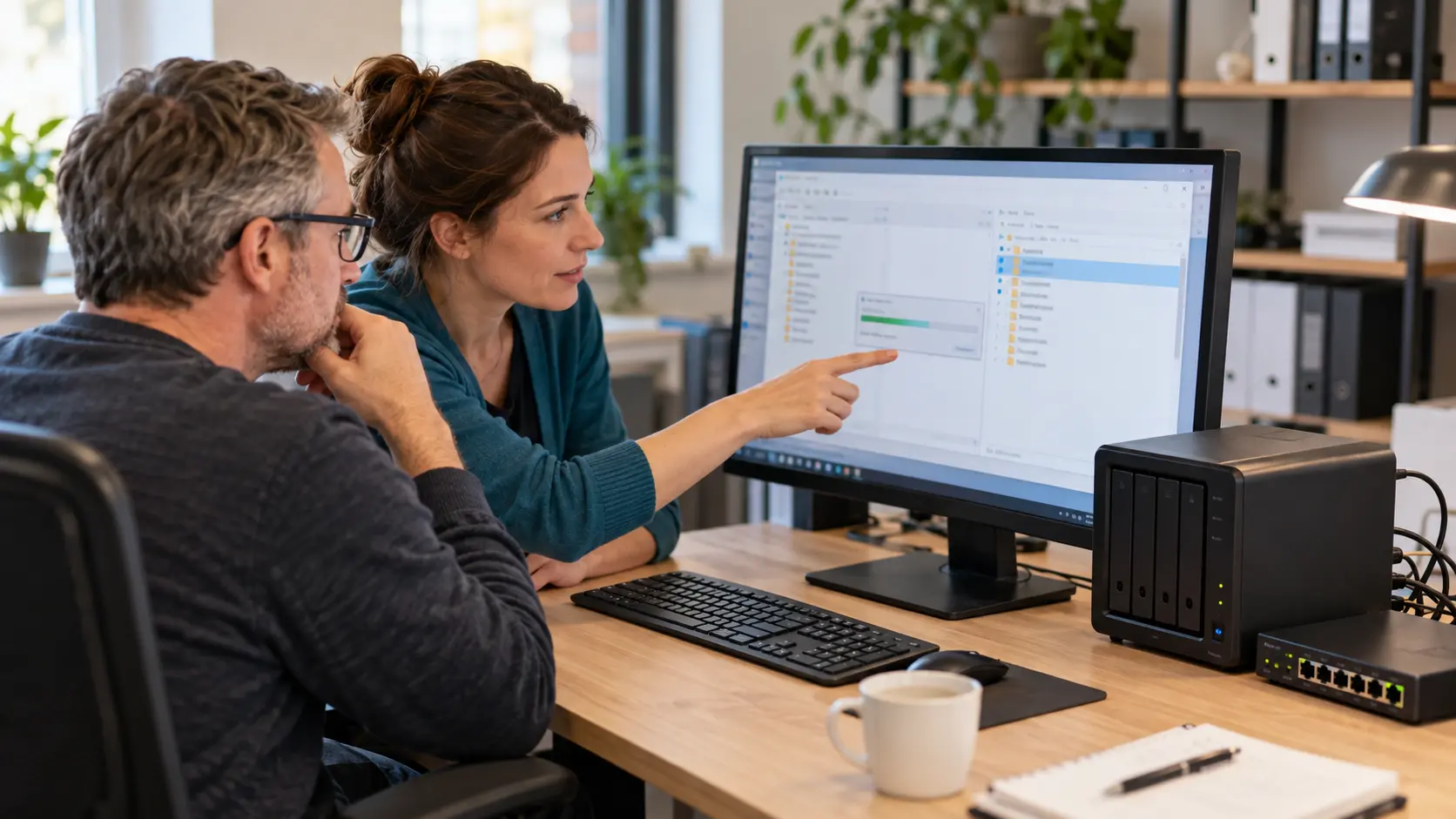 Ein Mann und eine IT-Betreuerin prüfen am Monitor gemeinsam einen Zielordner; daneben steht ein NAS.