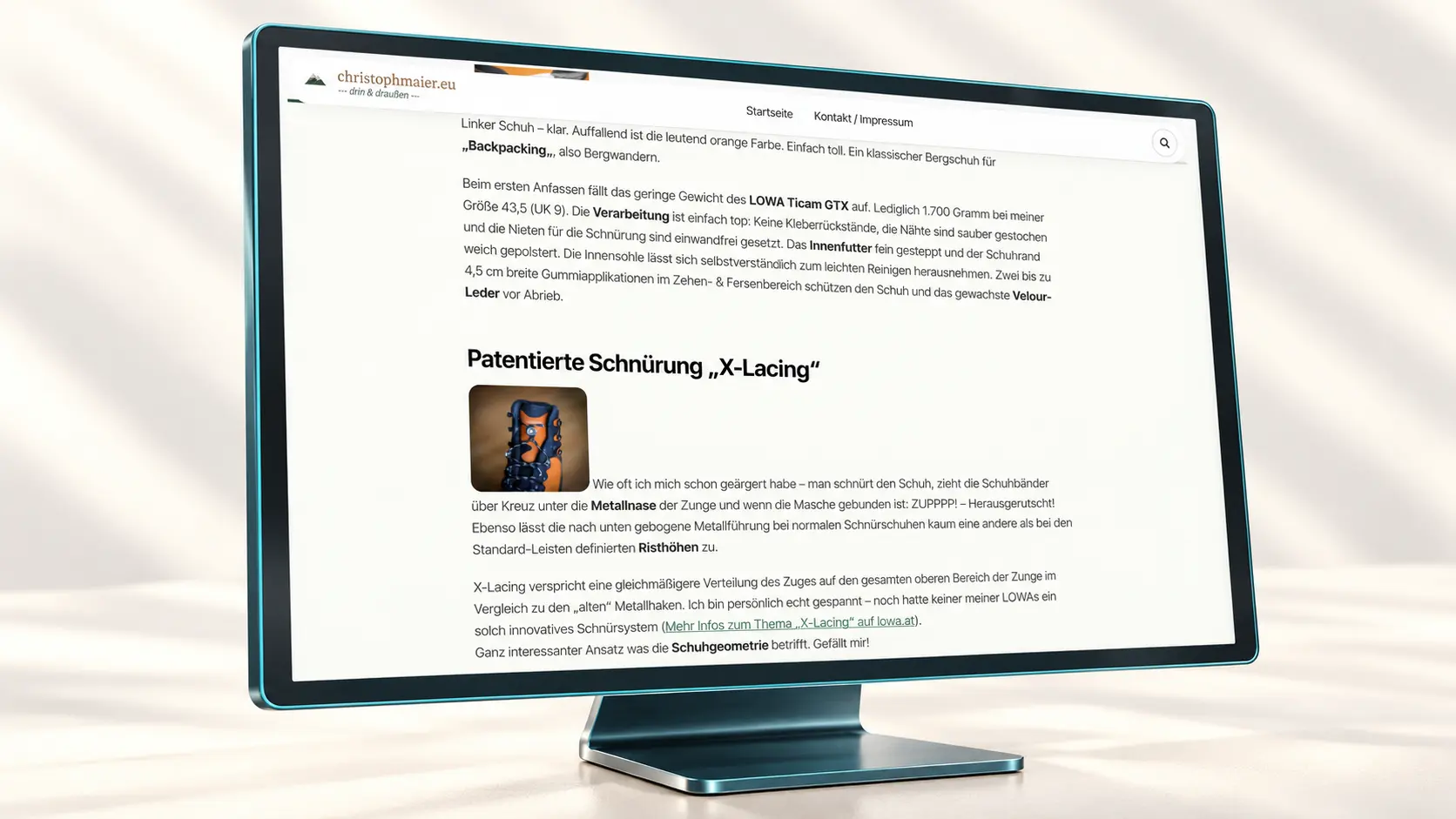 Bildschirm mit dem Abschnitt zur X-Lacing-Schnürung im LOWA-Beitrag.
