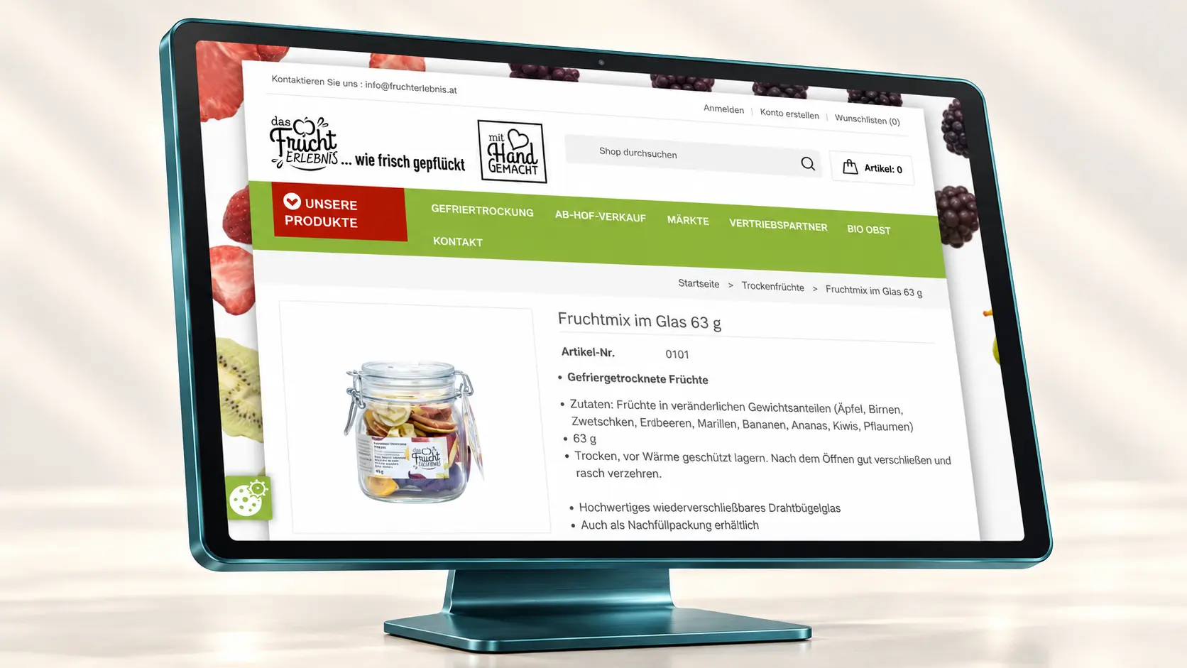 Bildschirm mit der Produktseite Fruchtmix im Glas von fruchterlebnis.at.