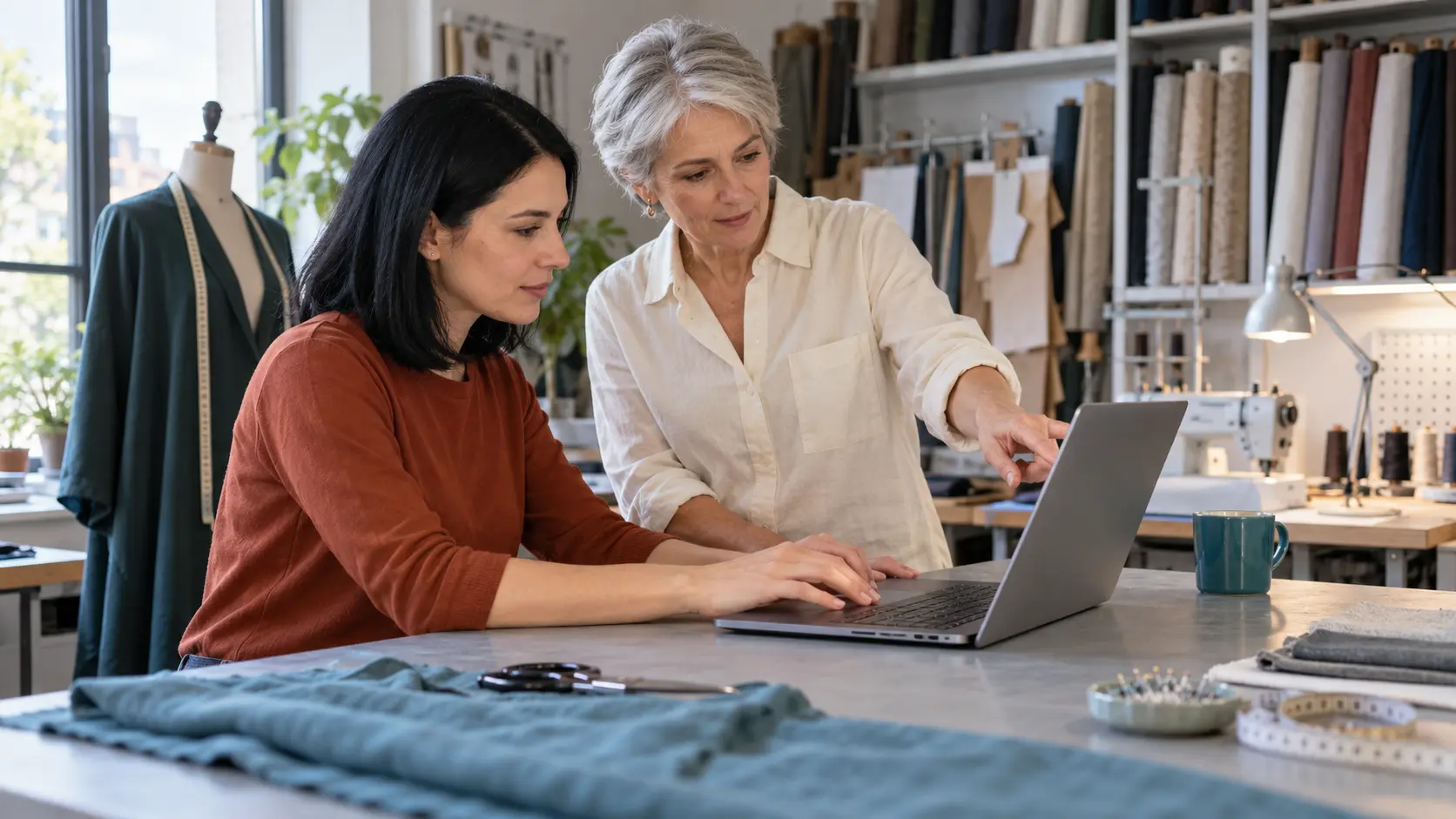Zwei Frauen stimmen in einer Schneiderei die Antwort am Laptop miteinander ab.