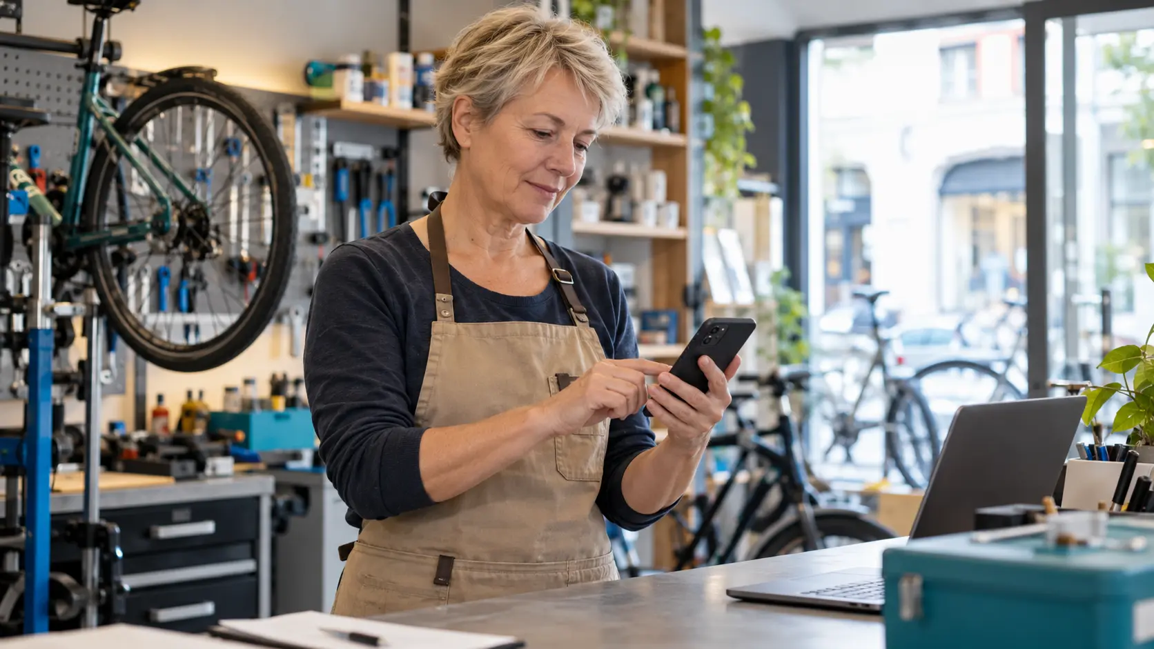Eine Frau stellt am Tresen eines Fahrradbetriebs eine Anfrage über ihr Smartphone.