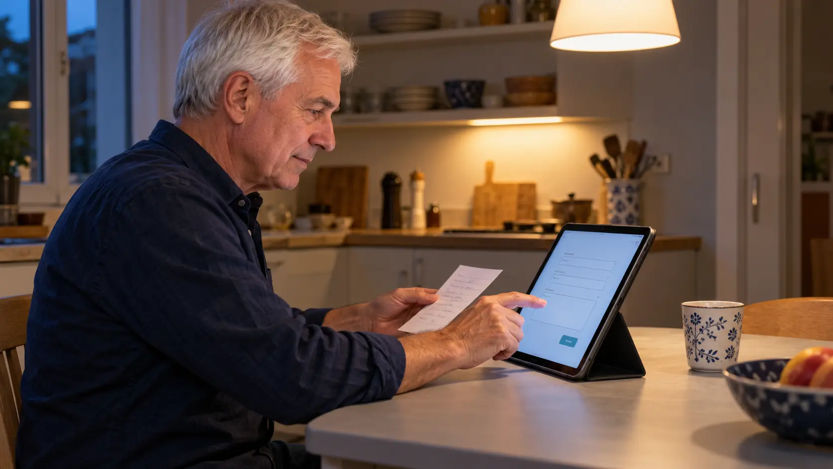 Ein älterer Mann prüft eine Notiz und füllt am Küchentisch ein Formular auf einem Tablet aus.