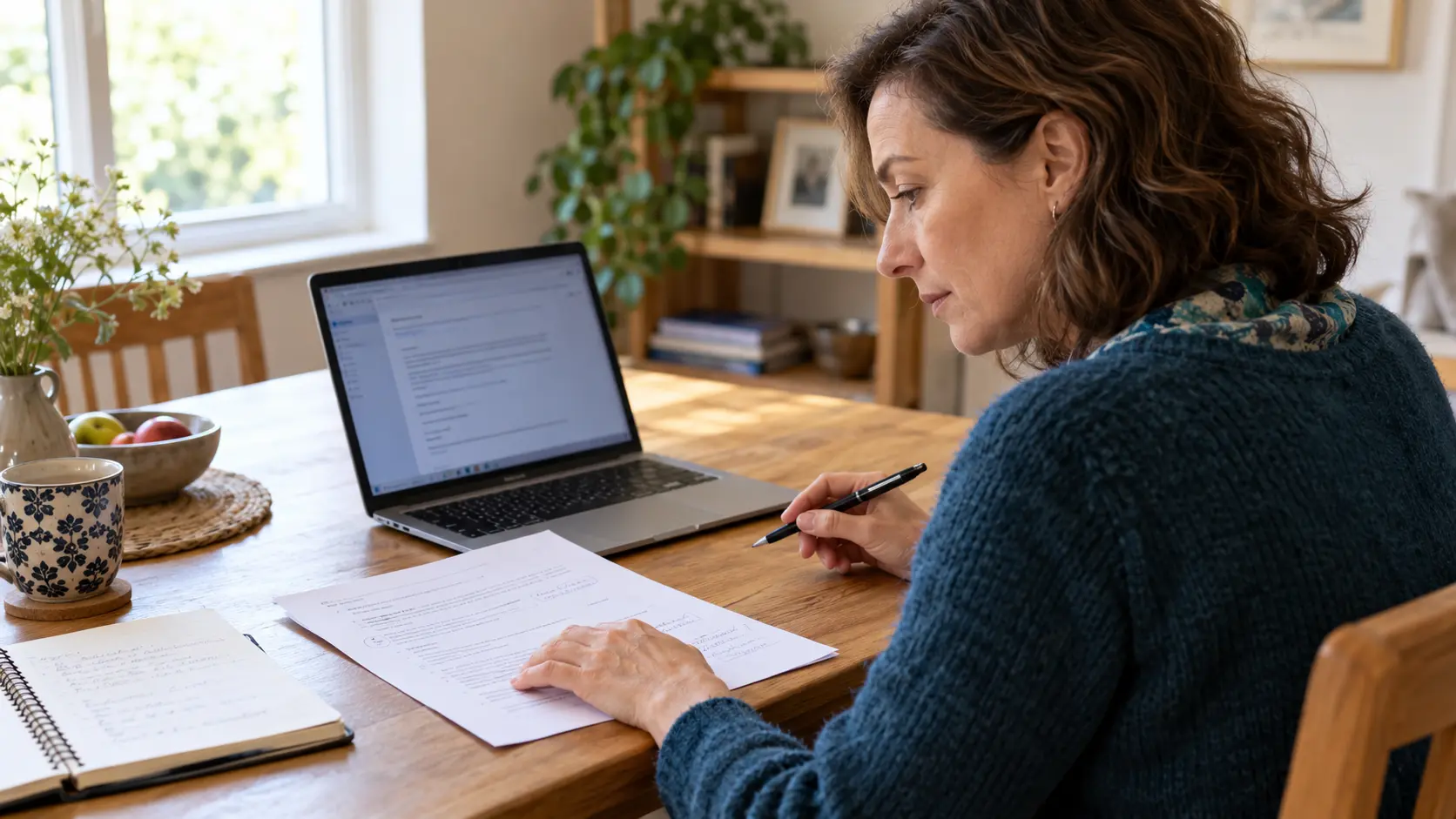 Eine Frau vergleicht zu Hause einen Entwurf am Laptop mit ihren schriftlichen Notizen.