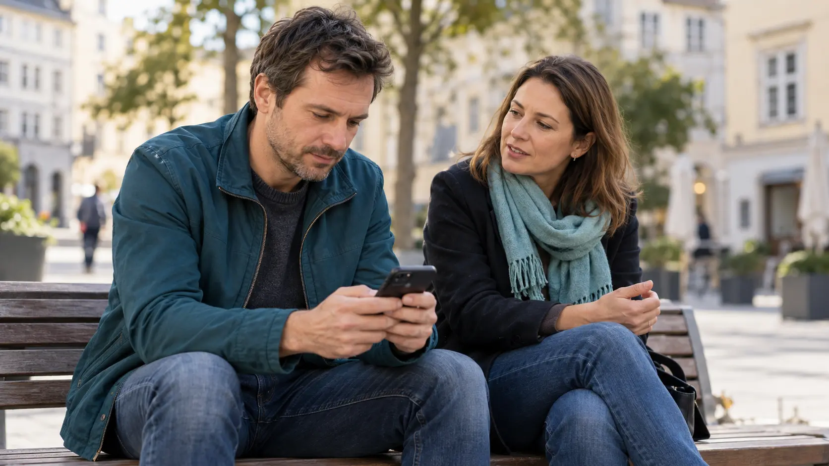 Ein Mann liest auf einer Bank in der Stadt eine Nachricht am Smartphone; eine Frau sitzt neben ihm.