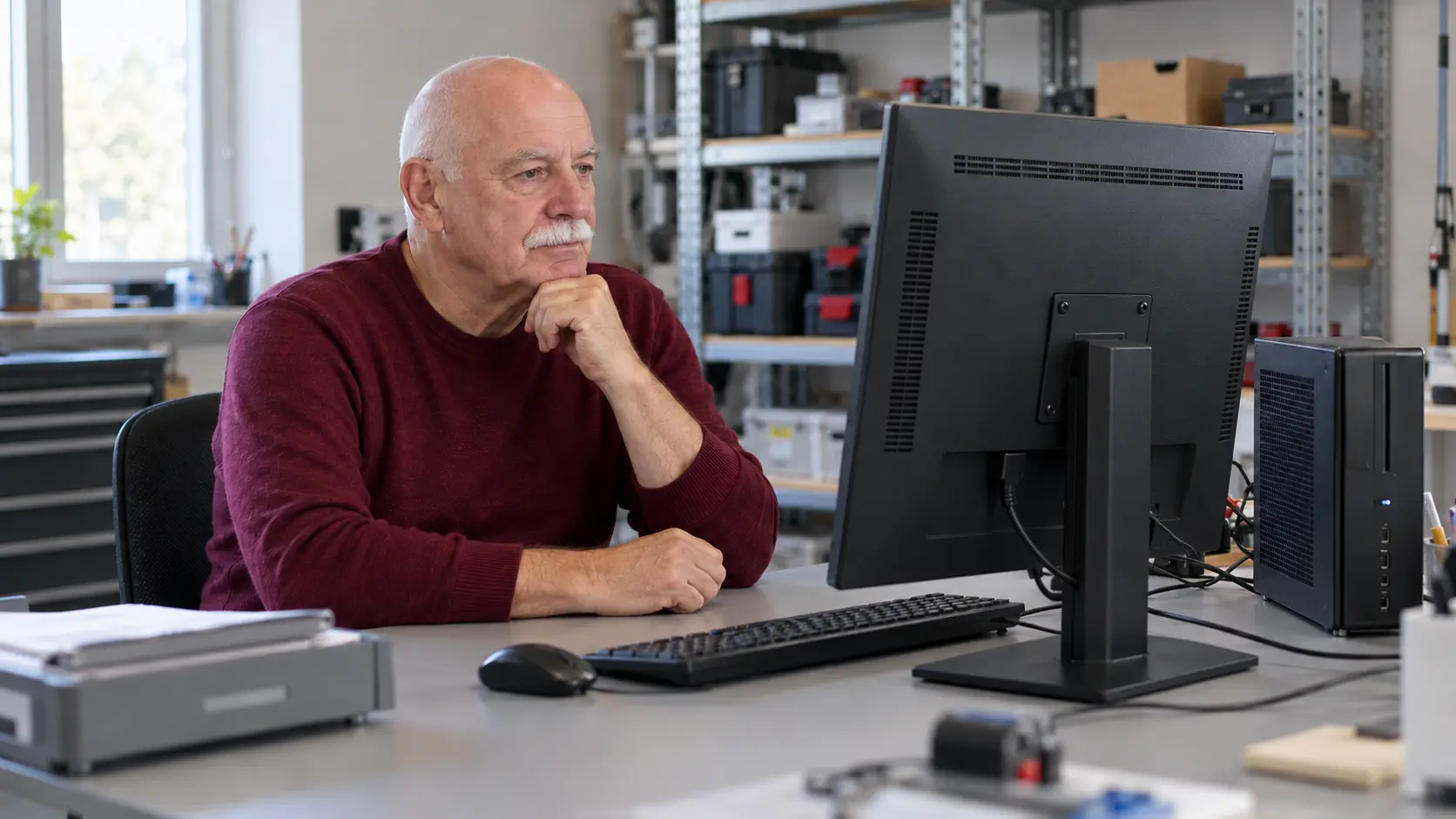 Ein älterer Mann schaut in einer Werkstatt auf seinen PC-Monitor; zur Kamera zeigt das geschlossene Rückgehäuse.
