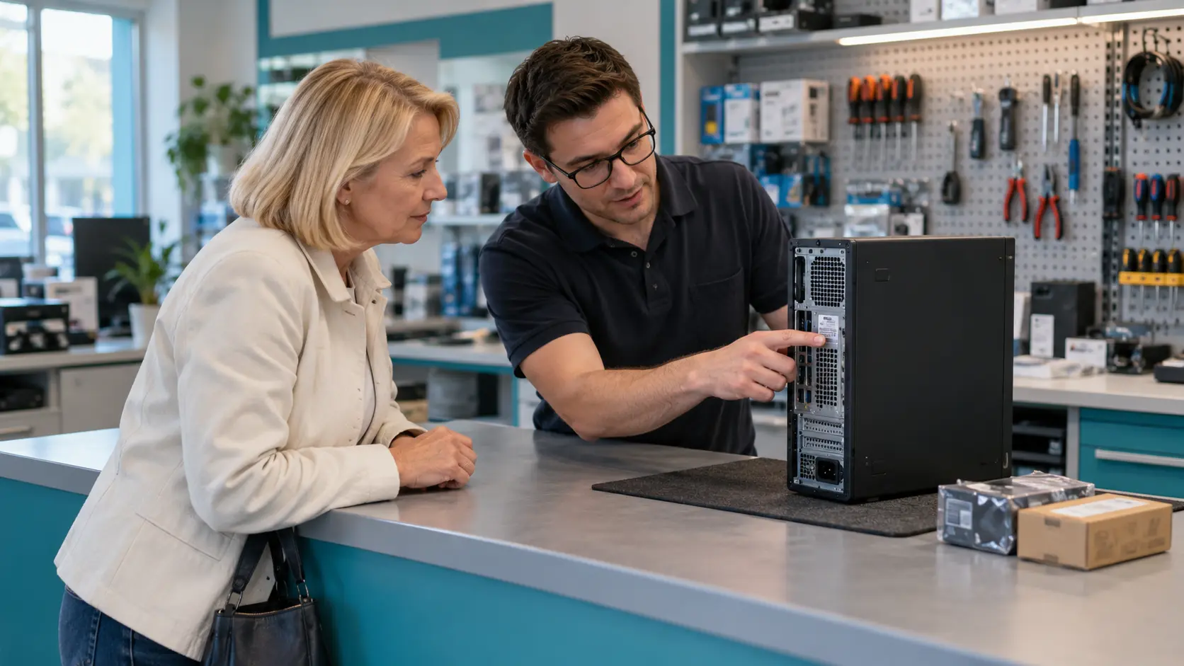 Eine Frau und ein IT-Betreuer prüfen an einem geschlossenen PC die Modellangaben vor einer Aufrüstung.