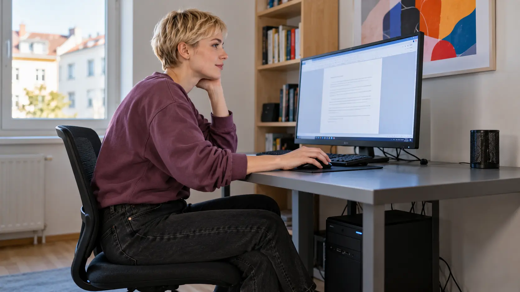 Eine junge Frau wartet an ihrem vorhandenen Desktop-PC auf die Reaktion eines Programms.